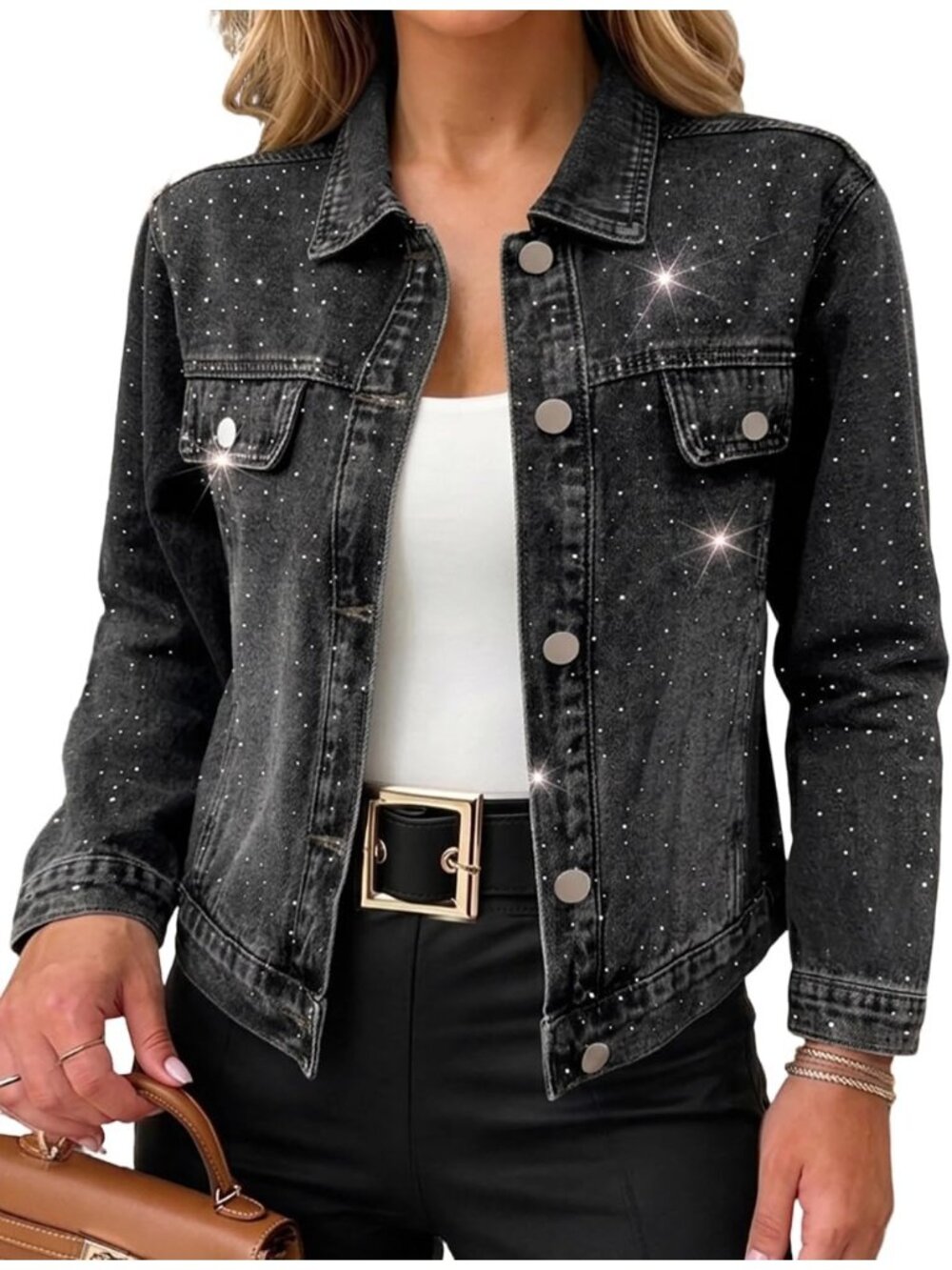 〽️Women's Dark Grey Vintage Washed Rhinestone Jean Jacket Cropped Coat